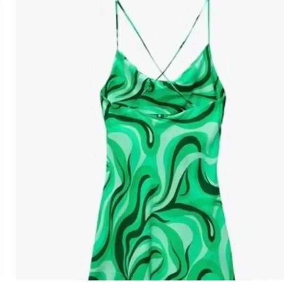 ZARA The Safia Mini Dress Retro 70s 80s Green Swirl Sze M Satin Spaghetti Strap - Picture 2 of 7